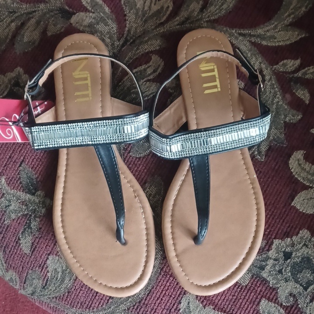 Nitti Black Thong Flat Sandals With Rhinestone Strap, Sz 8 — image 2 of 6